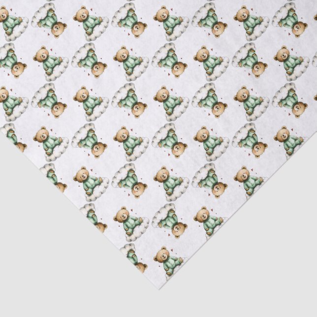 Cute Teddy Bear on a Fluffy Cloud Green PJs Tissue Paper (Detail)