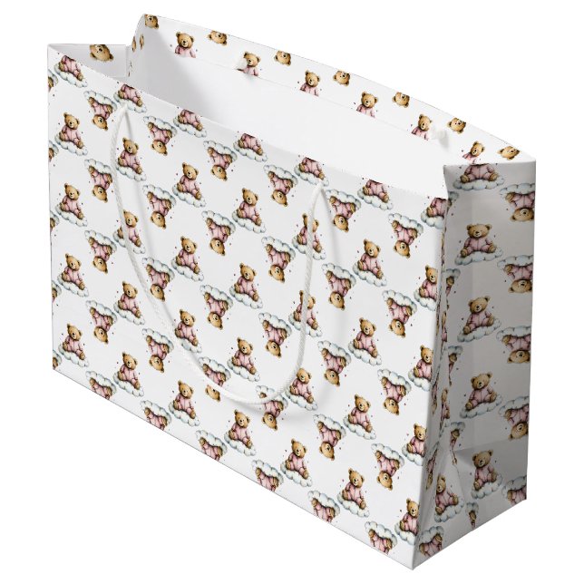 Cute Teddy Bear on a Fluffy Cloud Pink PJs Large Gift Bag (Back Angled)