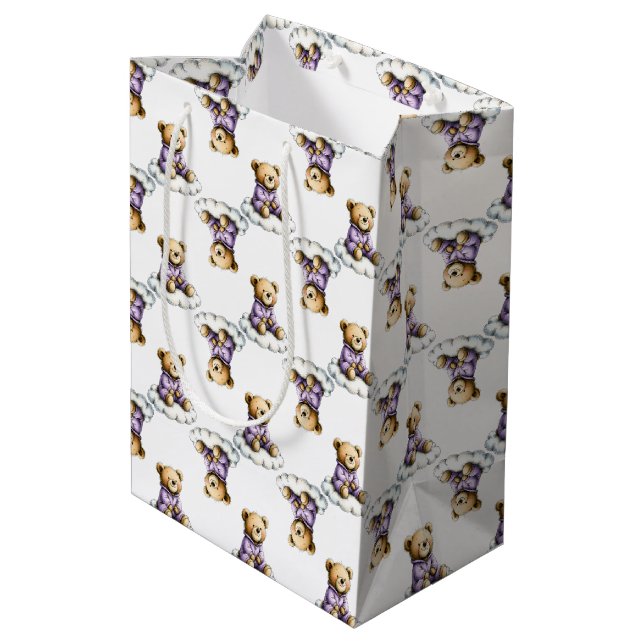Cute Teddy Bear on a Fluffy Cloud Purple PJs Medium Gift Bag (Back Angled)