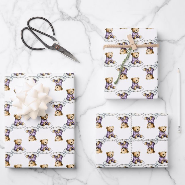 Cute Teddy Bear on a Fluffy Cloud Purple PJs Wrapping Paper Sheet (Front)