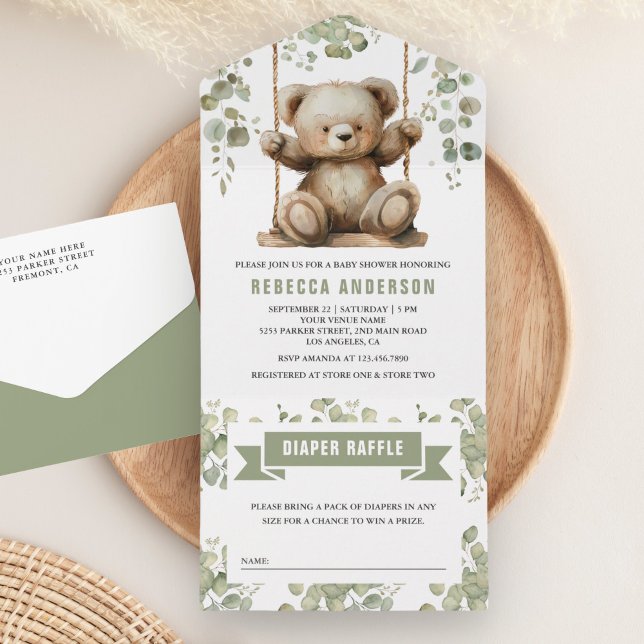 Cute Teddy Bear on a Swing Eucalyptus Baby Shower All In One Invitation (Creator Uploaded)