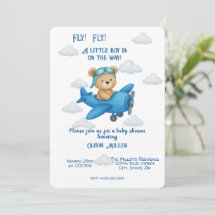 Cute Teddy Bear on Aeroplane Baby Shower Invitatio Invitation