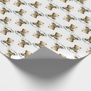 Cute Teddy Bear on Fluffy Cloud Blue Bow Tie Wrapping Paper