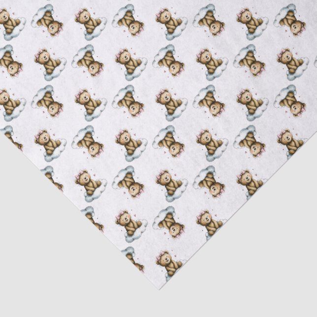 Cute Teddy Bear on Fluffy Cloud Pink Hair Bow Tissue Paper (Detail)