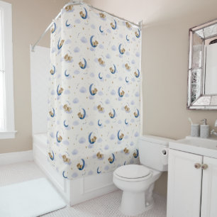 Cute Teddy Bear On Moon Soft Peach Nursery Shower Curtain