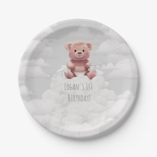 cute teddy bear on pile of diapers 1st birthday  paper plate