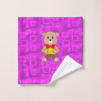 Cute Teddy Bear on Pink Geometric Bath Towel Set