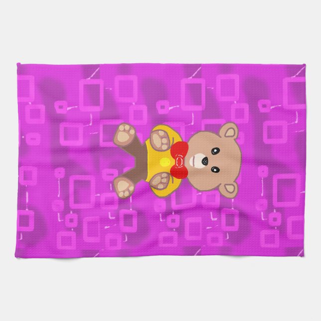 Cute Teddy Bear on Pink Geometric  Tea Towel (Horizontal)