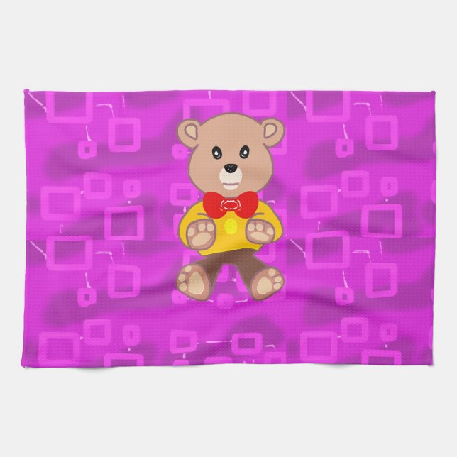Cute Teddy Bear on Pink Geometric  Tea Towel (Horizontal)