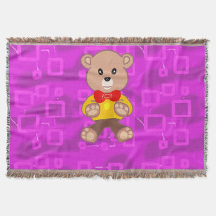 Cute Teddy Bear on Pink Geometric  Throw Blanket