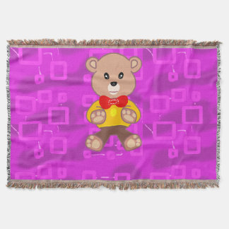 Cute Teddy Bear on Pink Geometric Throw Blanket