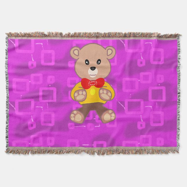 Cute Teddy Bear on Pink Geometric  Throw Blanket (Front)