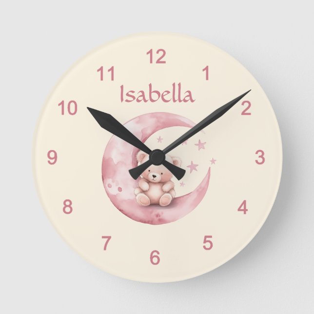 Cute Teddy Bear on Pink Moon Round Clock (Front)