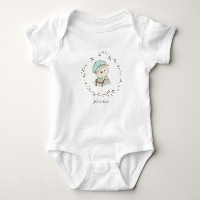 Cute Teddy Bear Overalls Hat Personalised Name Baby Bodysuit (Front)