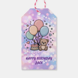 Cute Teddy Bear & Pastel Balloons Birthday Party Gift Tags