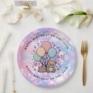 Cute Teddy Bear & Pastel Balloons Birthday Party Paper Plate