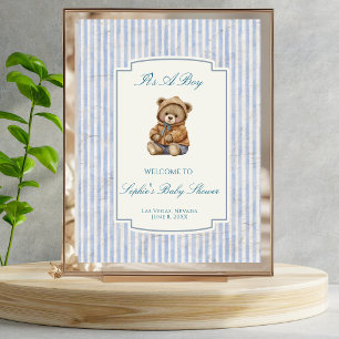 Cute Teddy Bear, Pastel Blue Stripes Welcome Sign