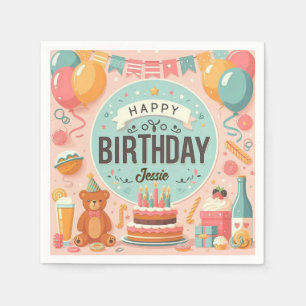 Cute Teddy Bear Pastel Pink Happy Birthday Napkin