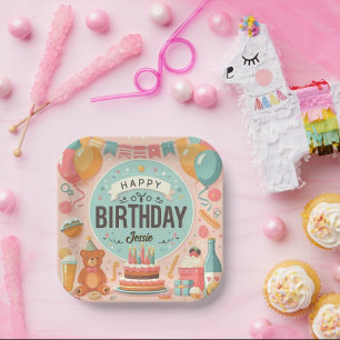 Cute Teddy Bear Pastel Pink Happy Birthday Paper Plate