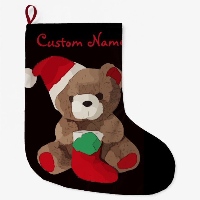 Cute Teddy Bear Personalised name Large Christmas Stocking (Front)