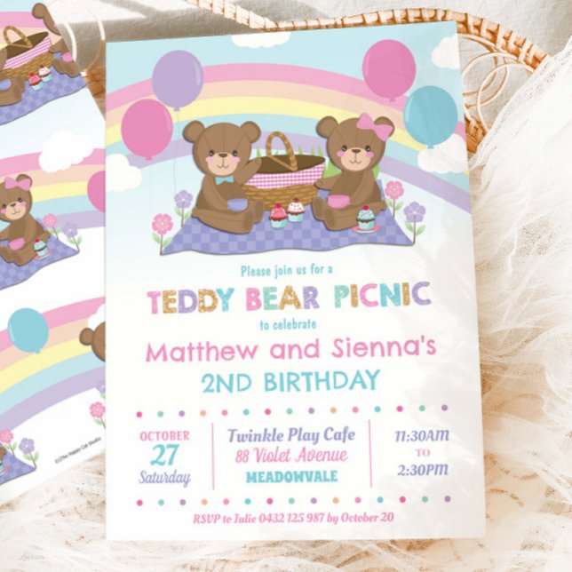 Cute Teddy Bear Picnic Birthday Twins Boy Girl Invitation (Creator Uploaded)
