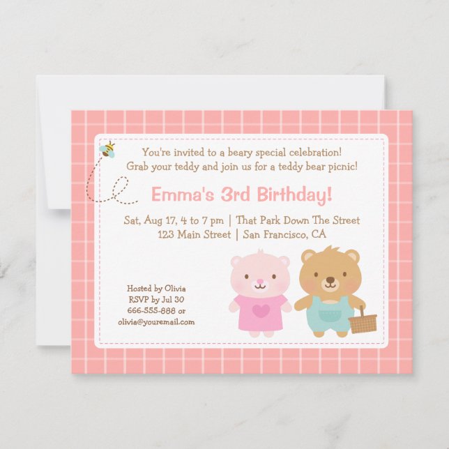 Cute Teddy Bear Picnic Kids Party Birthday Invitation (Front)