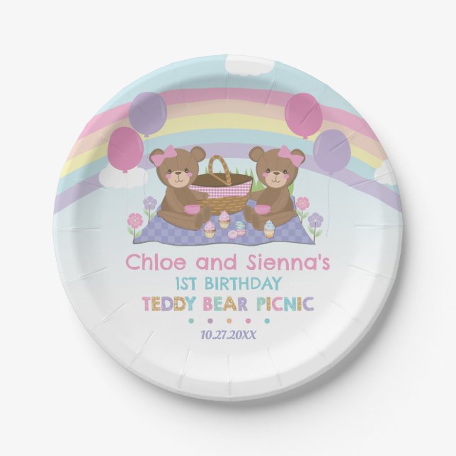Cute Teddy Bear Picnic Rainbow Twins Girl Birthday Paper Plate (Front)
