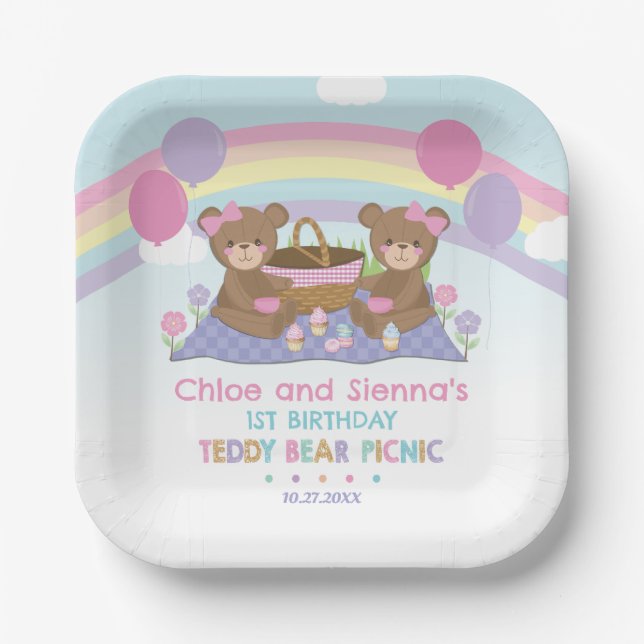 Cute Teddy Bear Picnic Rainbow Twins Girl Birthday Paper Plate (Front)