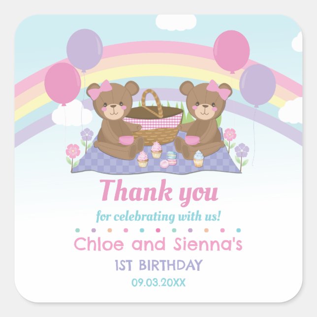 Cute Teddy Bear Picnic Rainbow Twins Girl Birthday Square Sticker (Front)