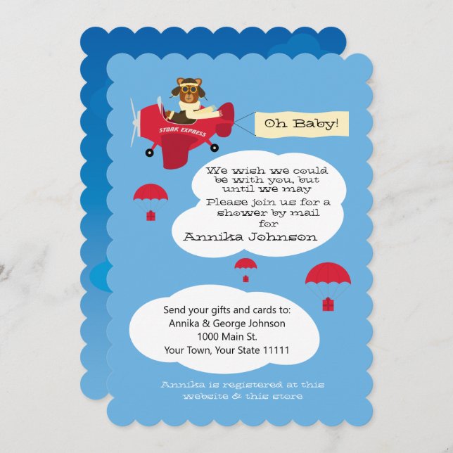 Cute Teddy Bear Pilot Aeroplane Shower by Mail Invitation (Front/Back)