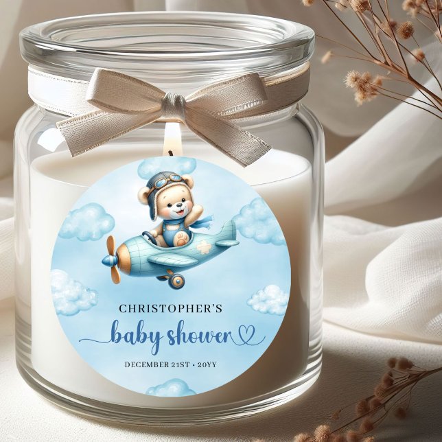 Cute Teddy Bear Pilot Airplane Blue Brown Baby  Classic Round Sticker (Cute Teddy Bear Pilot Airplane Blue Brown Baby Shower Sticker

)