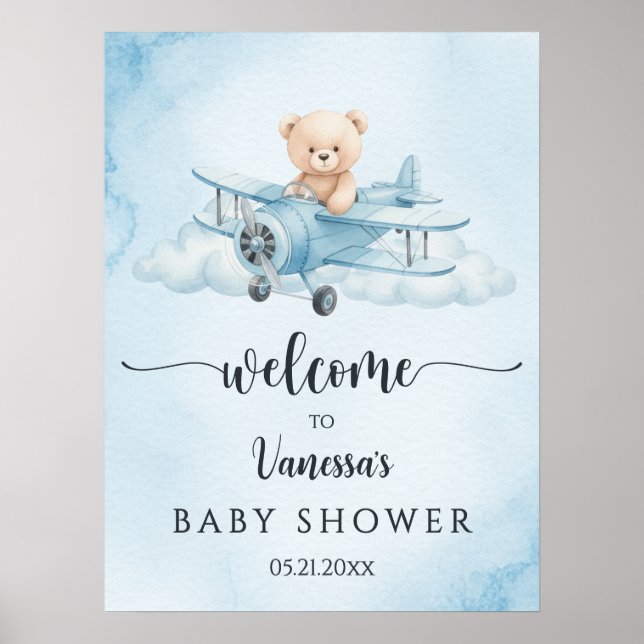 Cute Teddy Bear Pilot Baby Shower Welcome Poster (Front)