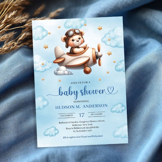 Cute Teddy Bear Pilot Blue Brown Baby Shower   Invitation (Cute Teddy Bear Pilot Blue Brown Baby Shower Invitation

)