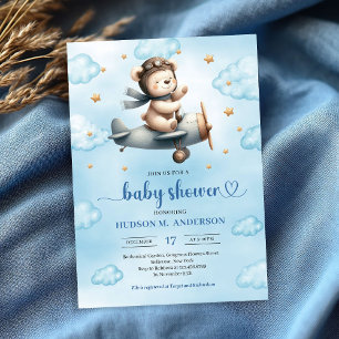 Cute Teddy Bear Pilot Blue Gold Boy Shower Invites
