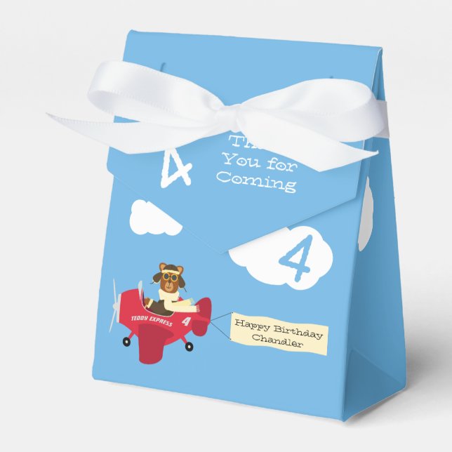 Cute Teddy Bear Pilot Custom Name and Age Birthday Favour Box (Front Side)