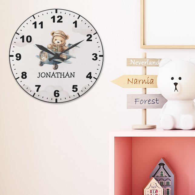 Cute Teddy Bear Pilot in a Sky Adventure Large Clock (Creator Uploaded)