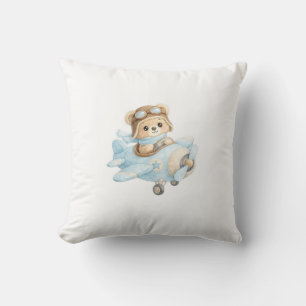 Cute Teddy Bear Pilot in Blue Airplane Adorable Cushion
