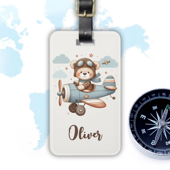 Cute Teddy Bear Pilot Personalised Luggage Tag (Creator Uploaded)