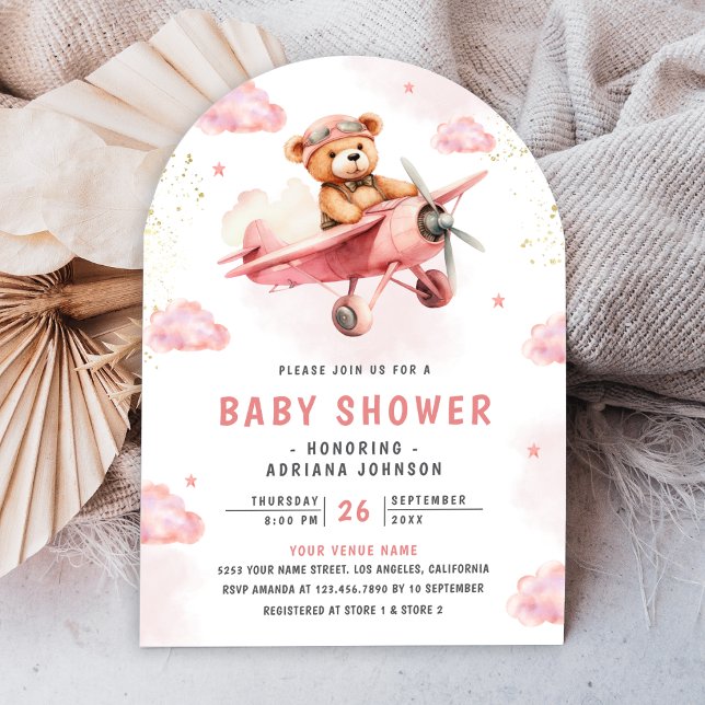 Cute Teddy Bear Pink Aeroplane Arch Baby Shower Invitation (Creator Uploaded)