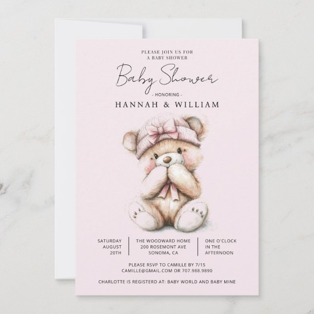 Cute Teddy Bear Pink Baby Girl Baby Shower Invitation (Front)