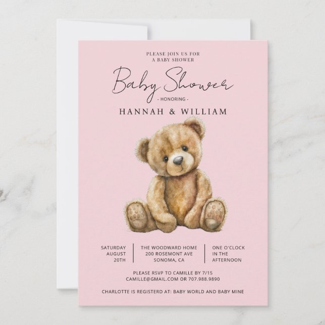 Cute Teddy Bear Pink Baby Girl Baby Shower Invitation (Front)
