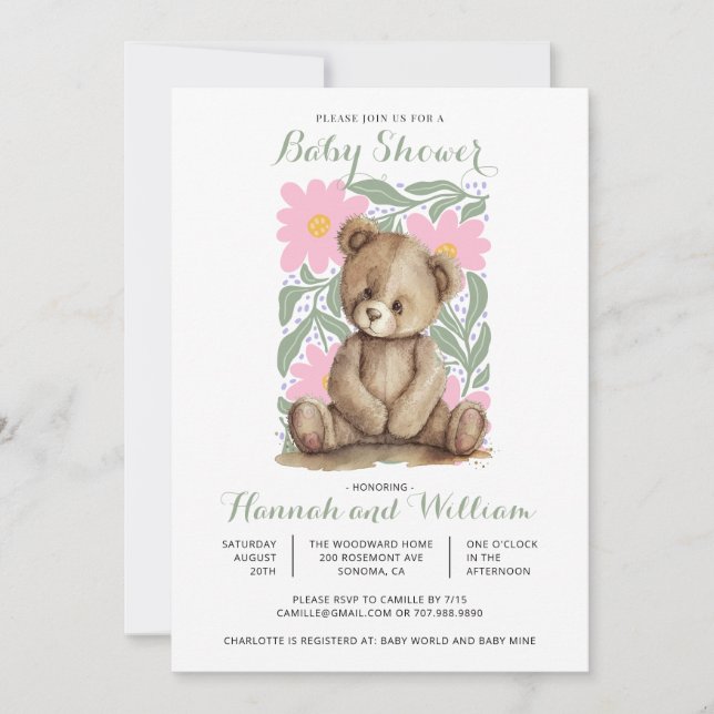 Cute Teddy Bear Pink Baby Shower Invitation (Front)