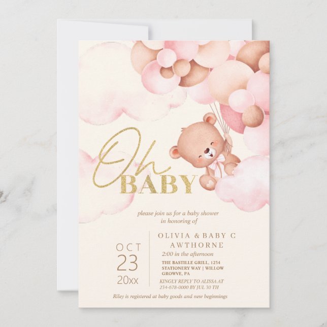 Cute Teddy Bear Pink Balloons Baby Girl Shower Invitation (Front)