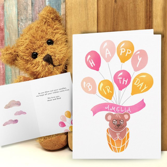 Cute Teddy Bear Pink Balloons Girl Birthday Card (Creator Uploaded)