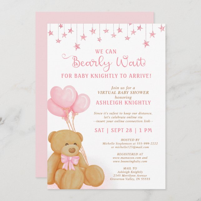 Cute Teddy Bear Pink Balloons Virtual Baby Shower Invitation (Front/Back)