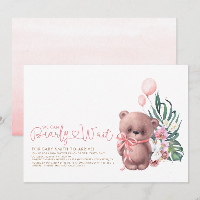 Cute Teddy Bear Pink Bearly Wait Girl Baby Shower Invitation (Front/Back)