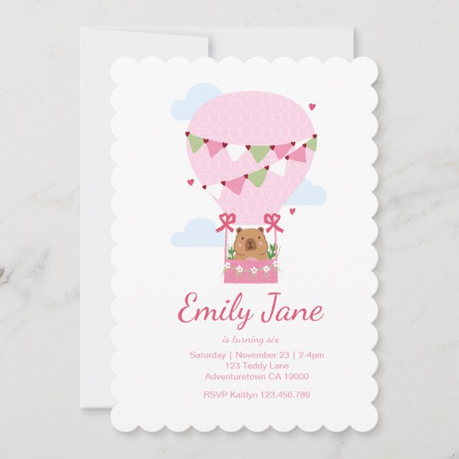 Cute Teddy Bear Pink Capybara Girls Birthday Invitation (Front)