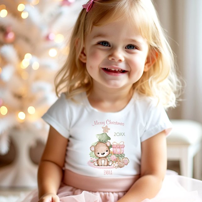 Cute Teddy Bear Pink Christmas Name Girl Toddler T-Shirt (Cute Teddy Bear Pink Christmas Name Girl Toddler T-shirt)