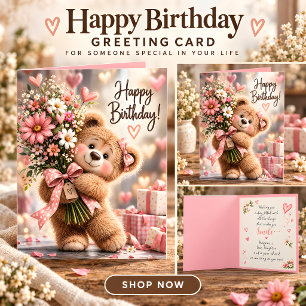 Cute Teddy Bear Pink Floral Birthday Card