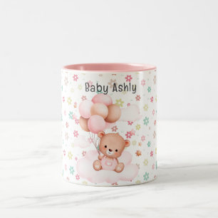 Cute Teddy Bear Pink flowers with Name Kid  Two-Tone Coffee Mug